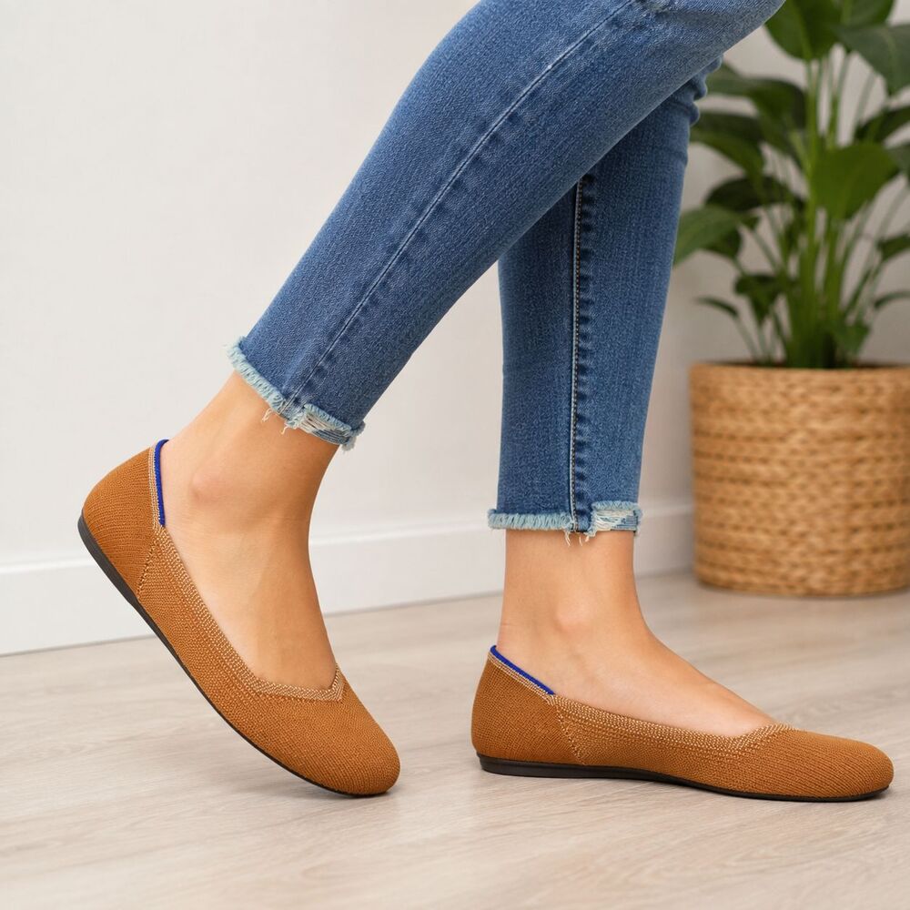 Classic Women's Tan Knit Ballet Flats with Blue Trim